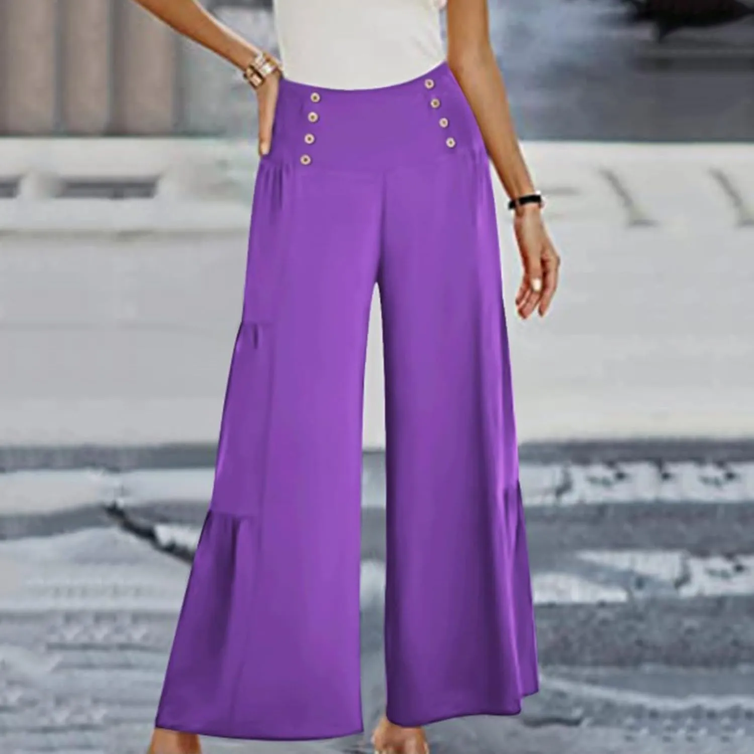 Linen Pants Women Summer Cotton Linen Wide Leg Long Pants with Pocket Solid Color Casual Women's Capris and Cropped