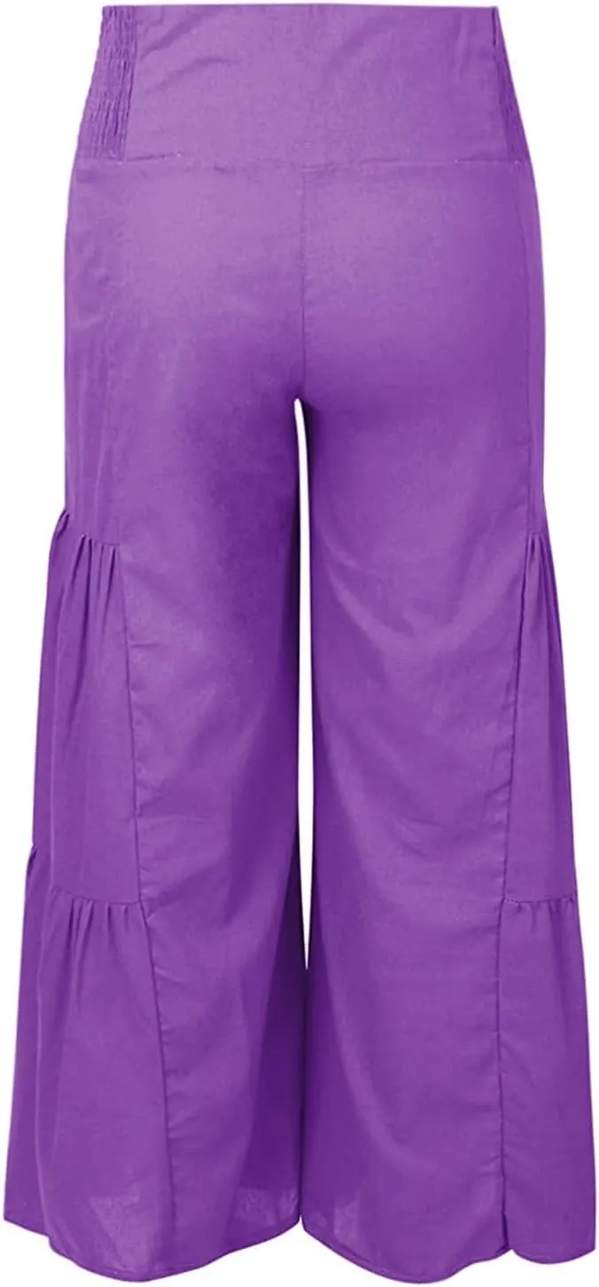 Linen Pants Women Summer Cotton Linen Wide Leg Long Pants with Pocket Solid Color Casual Women's Capris and Cropped