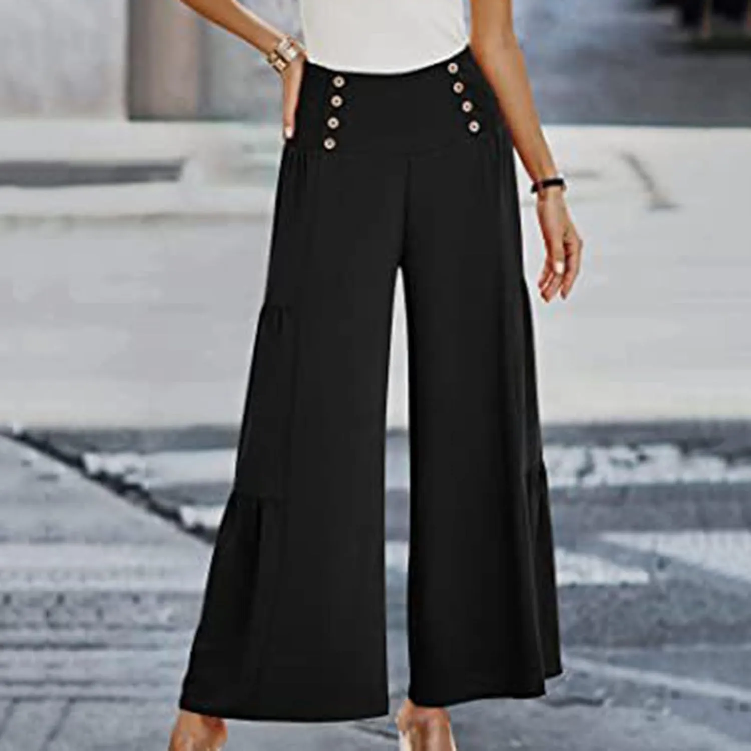 Linen Pants Women Summer Cotton Linen Wide Leg Long Pants with Pocket Solid Color Casual Women's Capris and Cropped