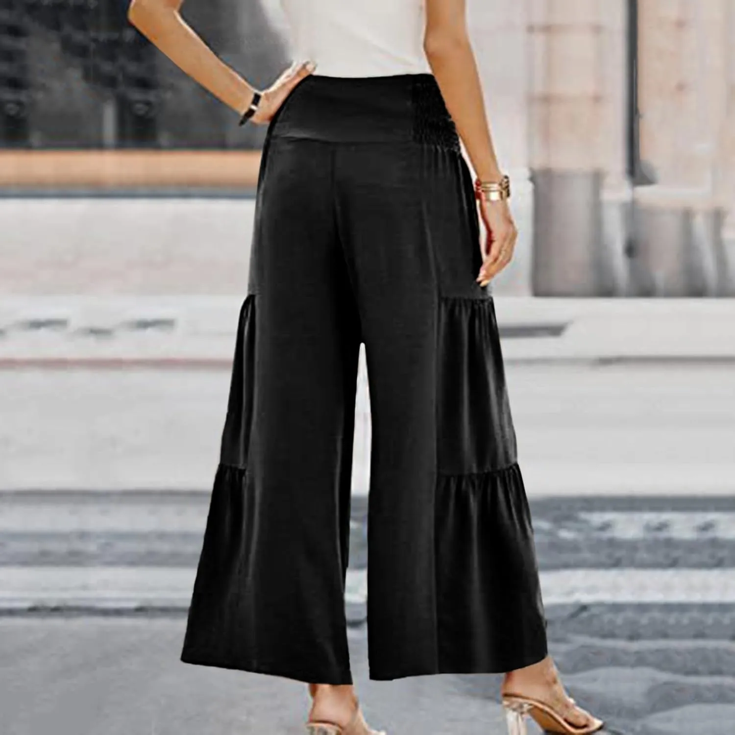 Linen Pants Women Summer Cotton Linen Wide Leg Long Pants with Pocket Solid Color Casual Women's Capris and Cropped