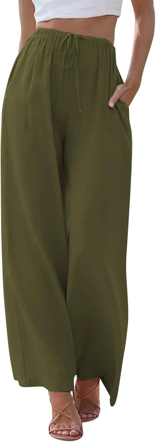 Linen Pants Women Summer Stitching String Solid Color Pants High Waisted Pants for Women Joggers Solid Lace-up Waist