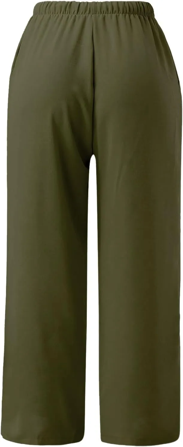 Linen Pants Women Summer Stitching String Solid Color Pants High Waisted Pants for Women Joggers Solid Lace-up Waist