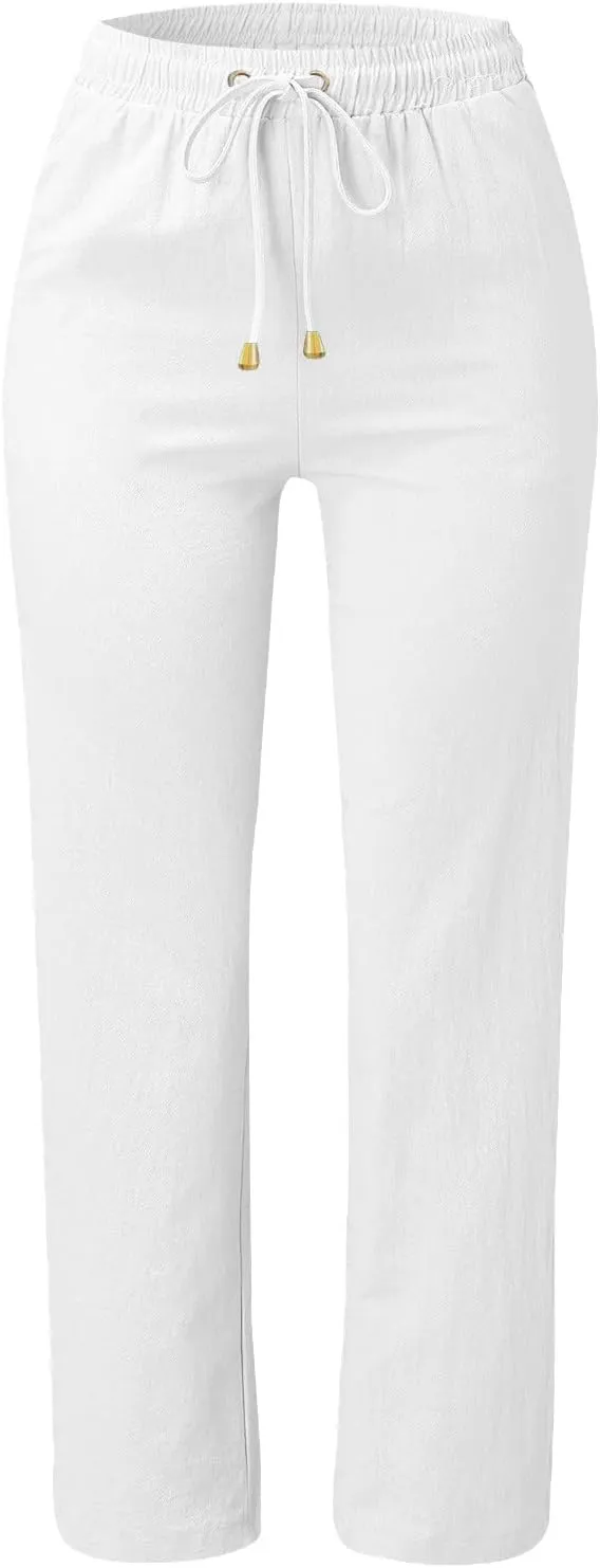 Linen Pants Women Summer Trousers Beach Pants Cotton Linen Pants for Women Wide Leg High Waist Lightweight Drawstring