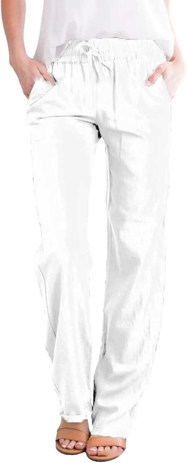 Linen Pants Women Summer Trousers Beach Pants Cotton Linen Pants for Women Wide Leg High Waist Lightweight Drawstring