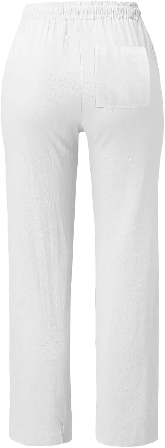 Linen Pants Women Summer Trousers Beach Pants Cotton Linen Pants for Women Wide Leg High Waist Lightweight Drawstring