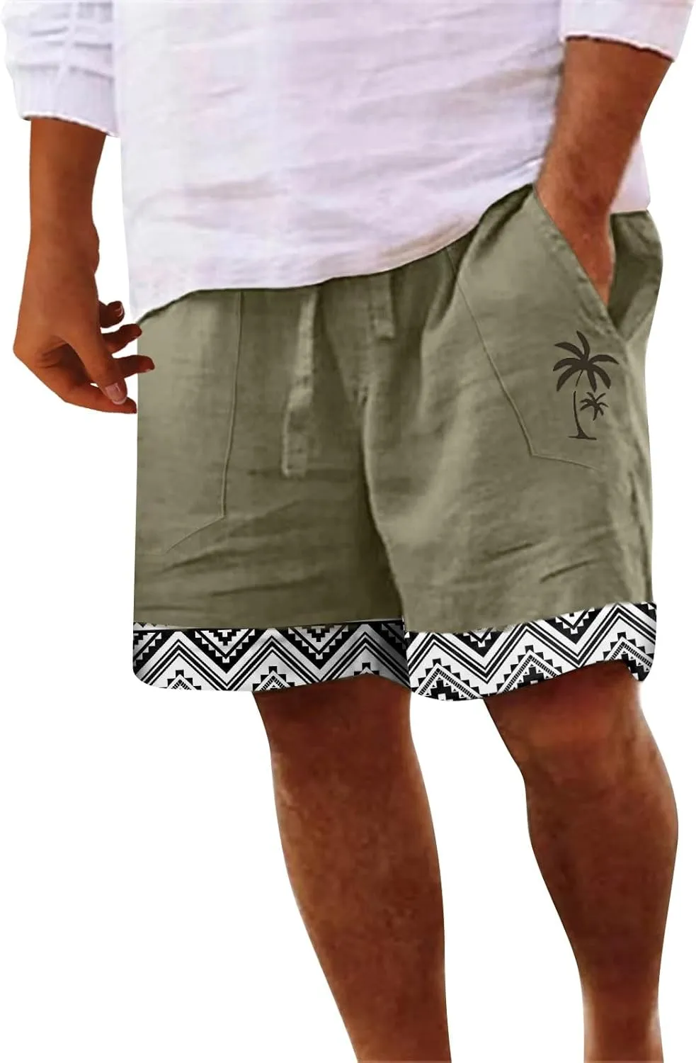 Linen Shorts for Men 11 Inch 3D Coconut Tree Printed Beach Trendy Shorts White Linen Shorts Men Big and Tall Mens