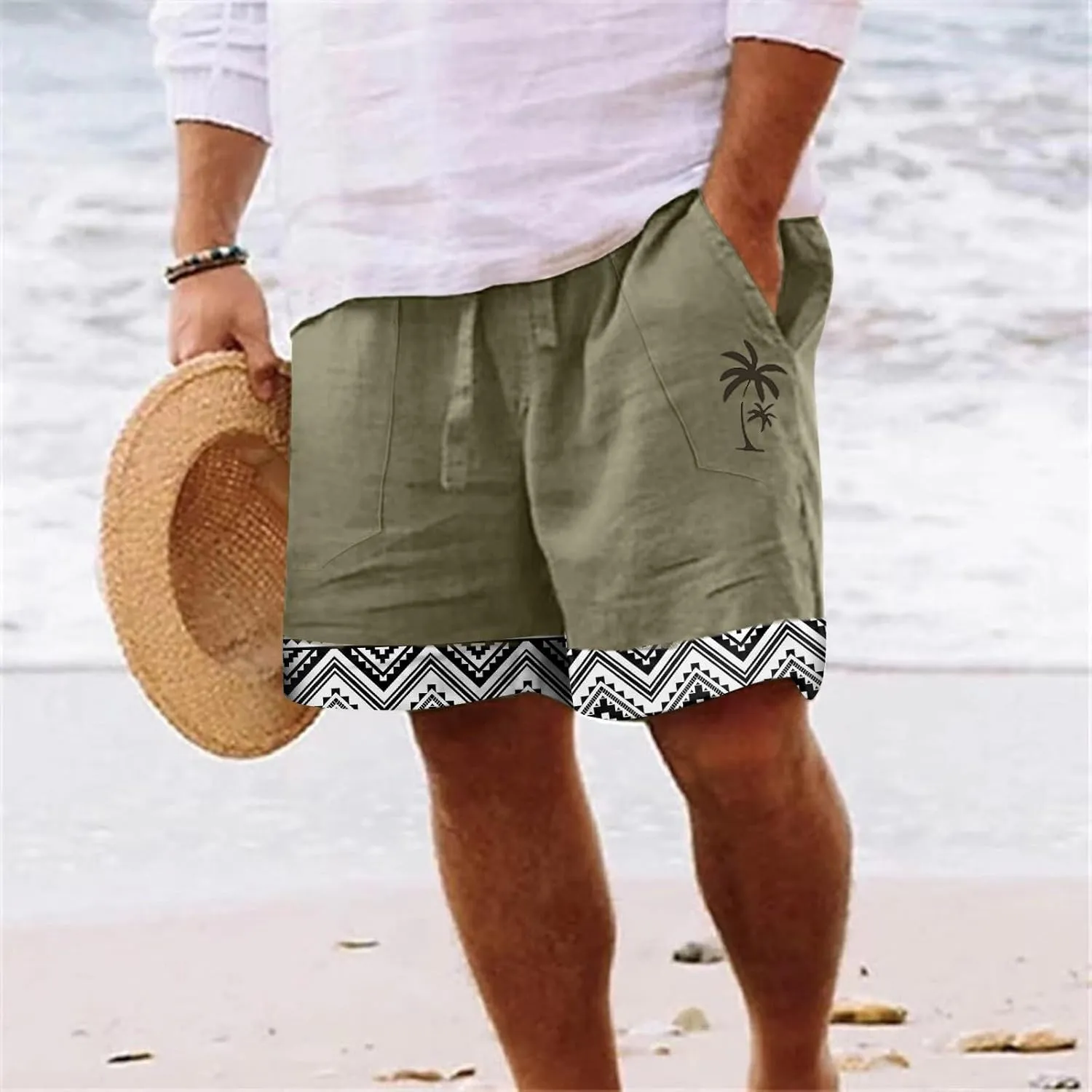 Linen Shorts for Men 11 Inch 3D Coconut Tree Printed Beach Trendy Shorts White Linen Shorts Men Big and Tall Mens