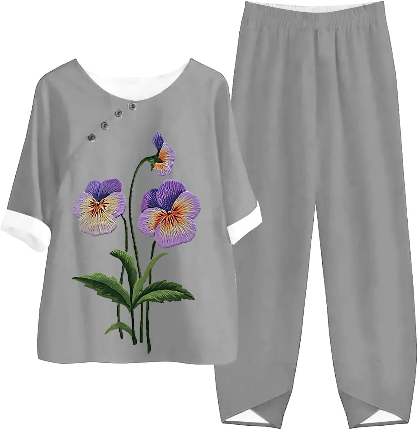 Litetao Workout Sets for Women 2 Piece Alzheimers Awareness Shirts Casual Floral Print Button Linen Shirt Loose Wide Leg Pant