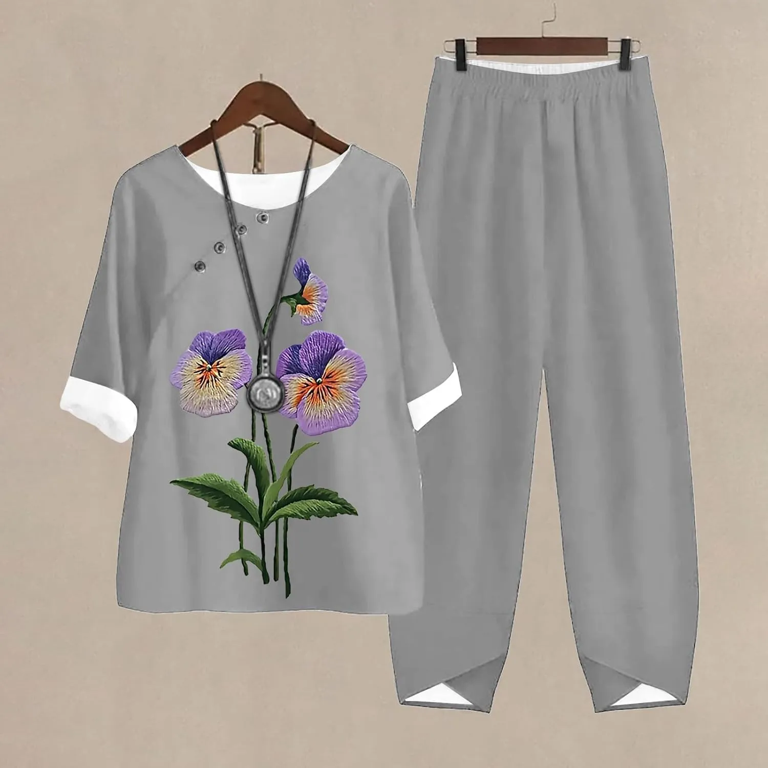 Litetao Workout Sets for Women 2 Piece Alzheimers Awareness Shirts Casual Floral Print Button Linen Shirt Loose Wide Leg Pant