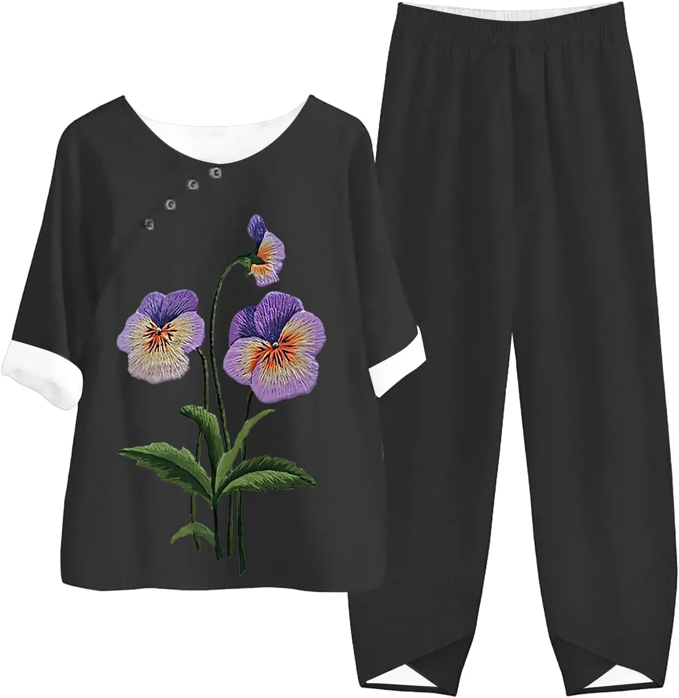 Litetao Workout Sets for Women 2 Piece Alzheimers Awareness Shirts Casual Floral Print Button Linen Shirt Loose Wide Leg Pant