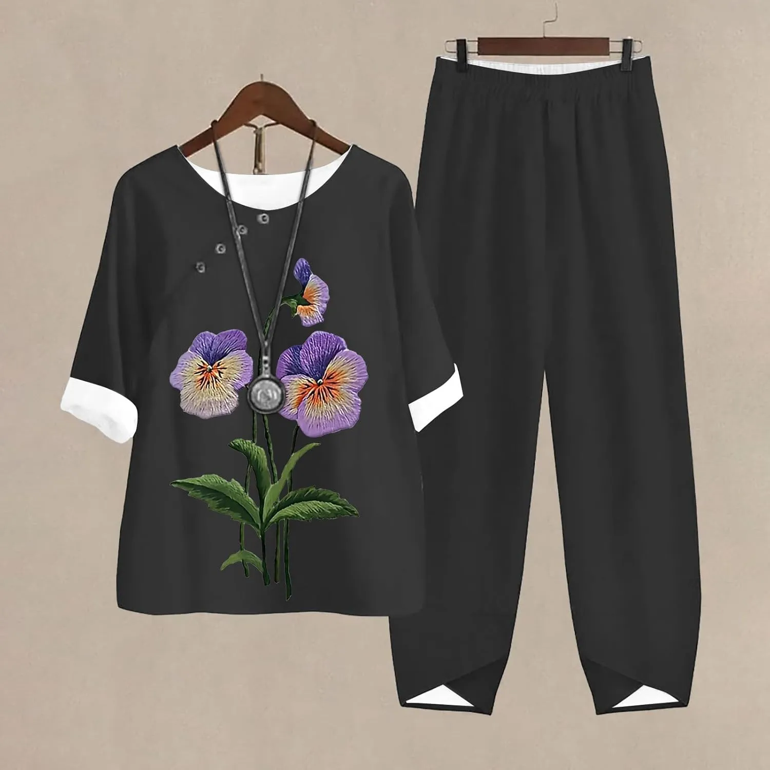 Litetao Workout Sets for Women 2 Piece Alzheimers Awareness Shirts Casual Floral Print Button Linen Shirt Loose Wide Leg Pant