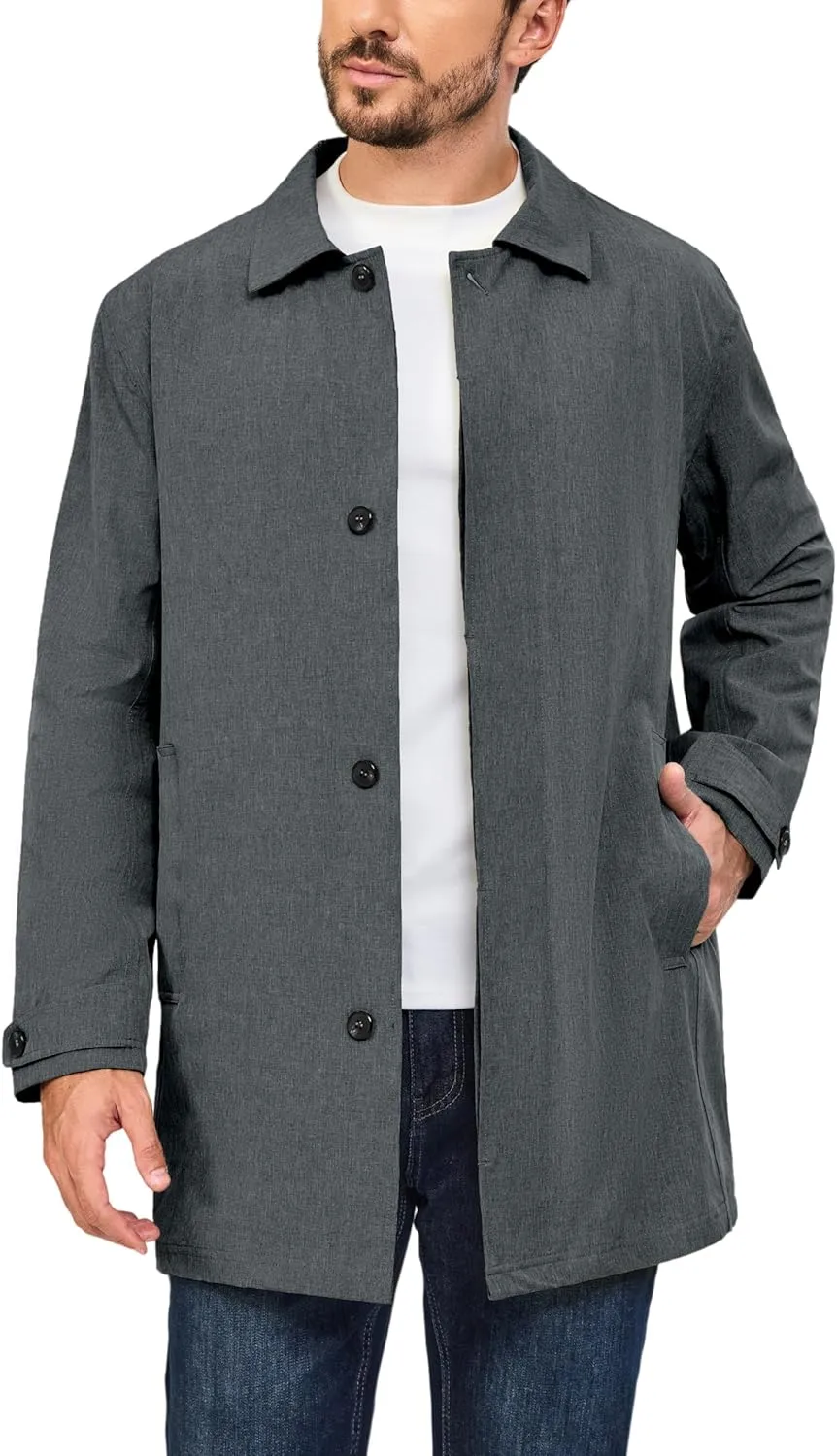 Little Donkey Andy Men's Waterproof Mid-Length Trench Coat, Lightweight Long Rain Coat, Single Breasted Overcoat
