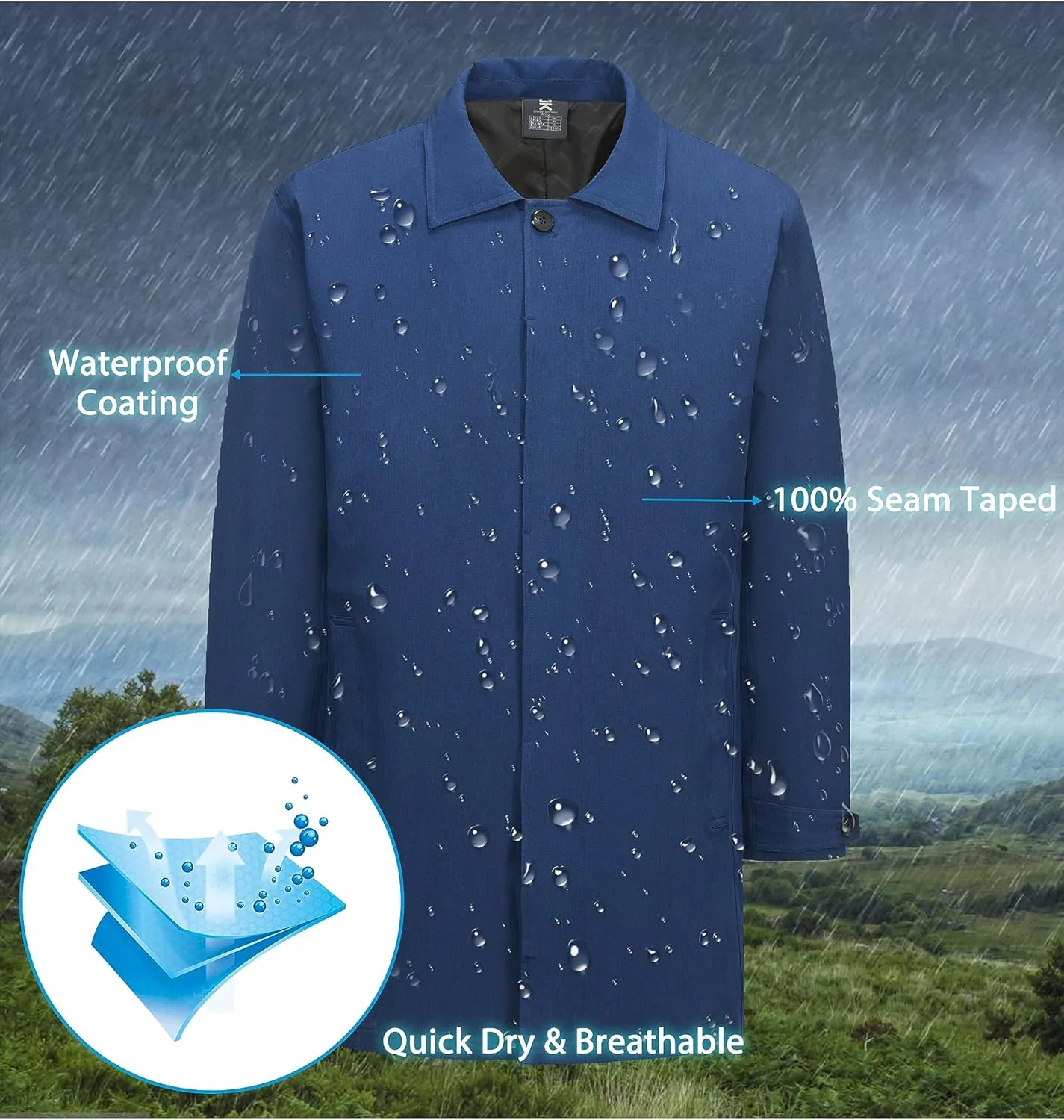 Little Donkey Andy Men's Waterproof Mid-Length Trench Coat, Lightweight Long Rain Coat, Single Breasted Overcoat
