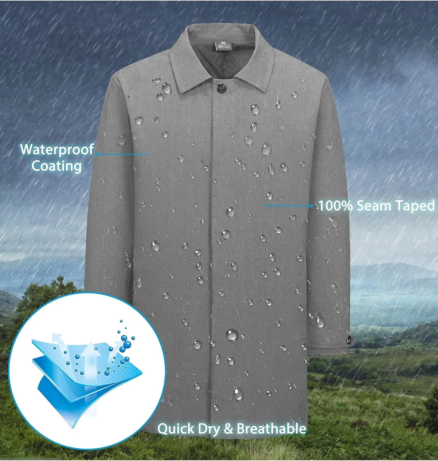 Little Donkey Andy Men's Waterproof Mid-Length Trench Coat, Lightweight Long Rain Coat, Single Breasted Overcoat