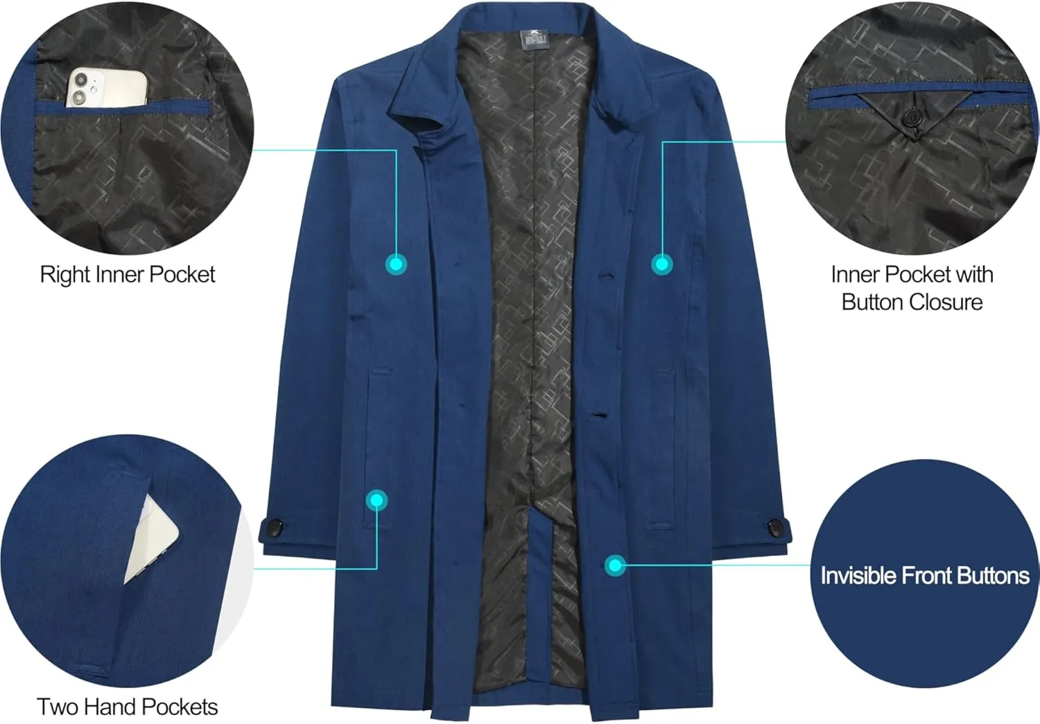 Little Donkey Andy Men's Waterproof Mid-Length Trench Coat, Lightweight Long Rain Coat, Single Breasted Overcoat