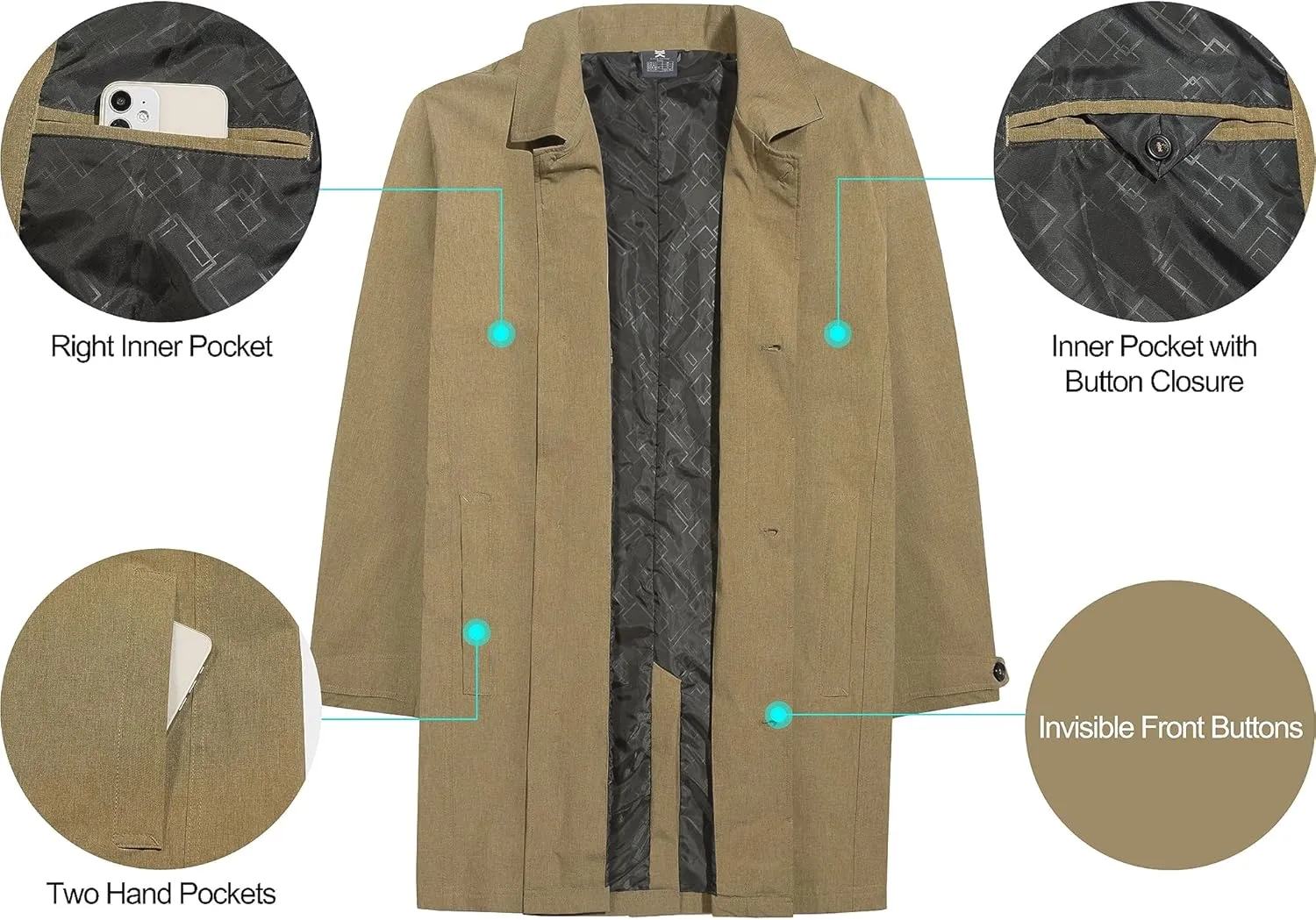 Little Donkey Andy Men's Waterproof Mid-Length Trench Coat, Lightweight Long Rain Coat, Single Breasted Overcoat