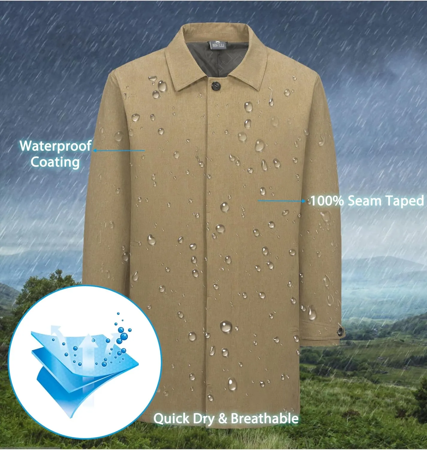 Little Donkey Andy Men's Waterproof Mid-Length Trench Coat, Lightweight Long Rain Coat, Single Breasted Overcoat