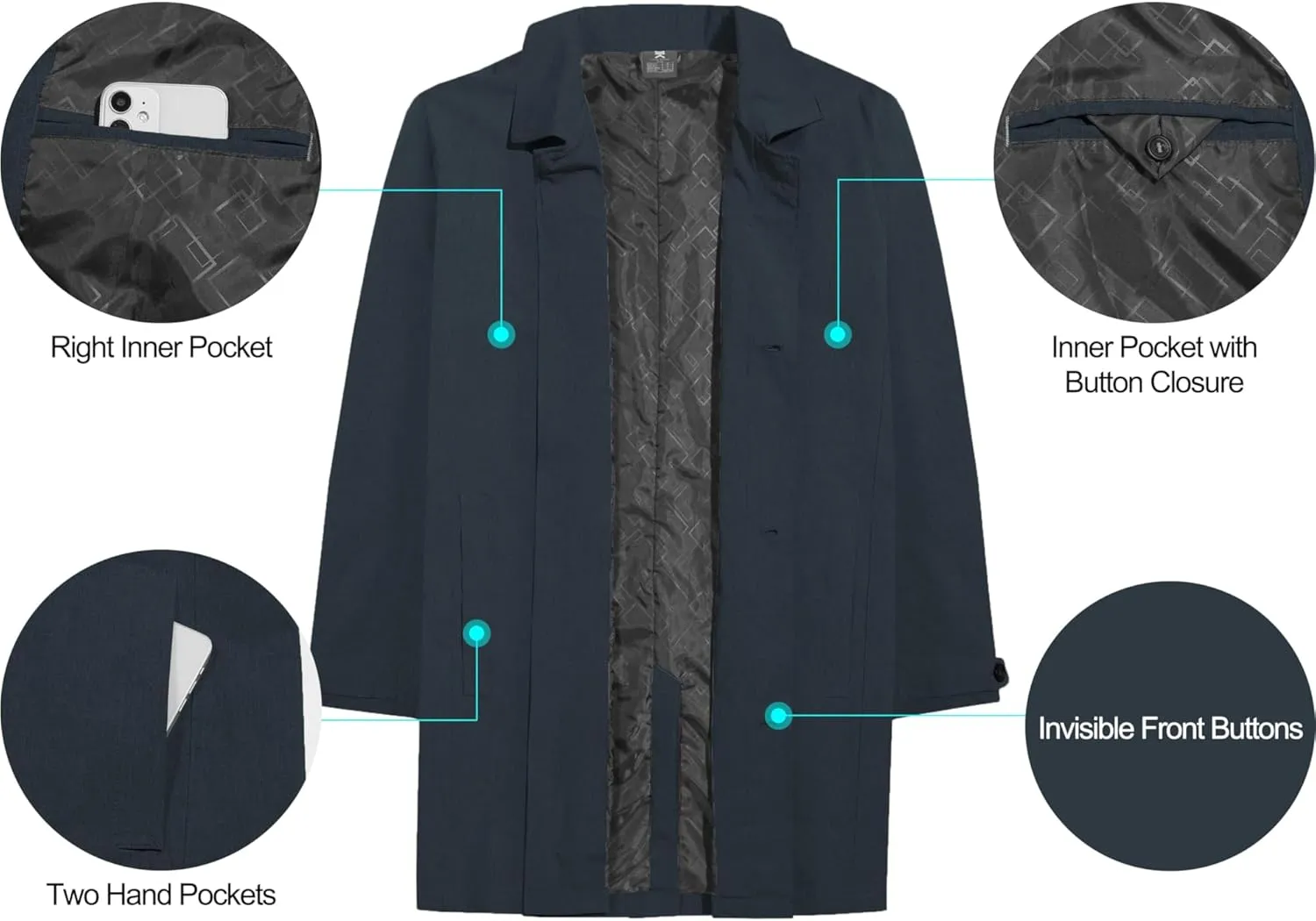 Little Donkey Andy Men's Waterproof Mid-Length Trench Coat, Lightweight Long Rain Coat, Single Breasted Overcoat