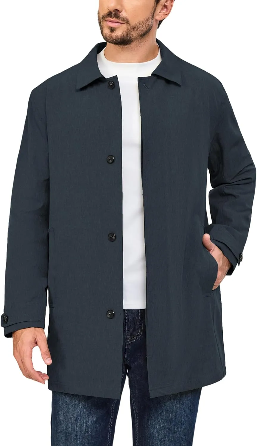 Little Donkey Andy Men's Waterproof Mid-Length Trench Coat, Lightweight Long Rain Coat, Single Breasted Overcoat