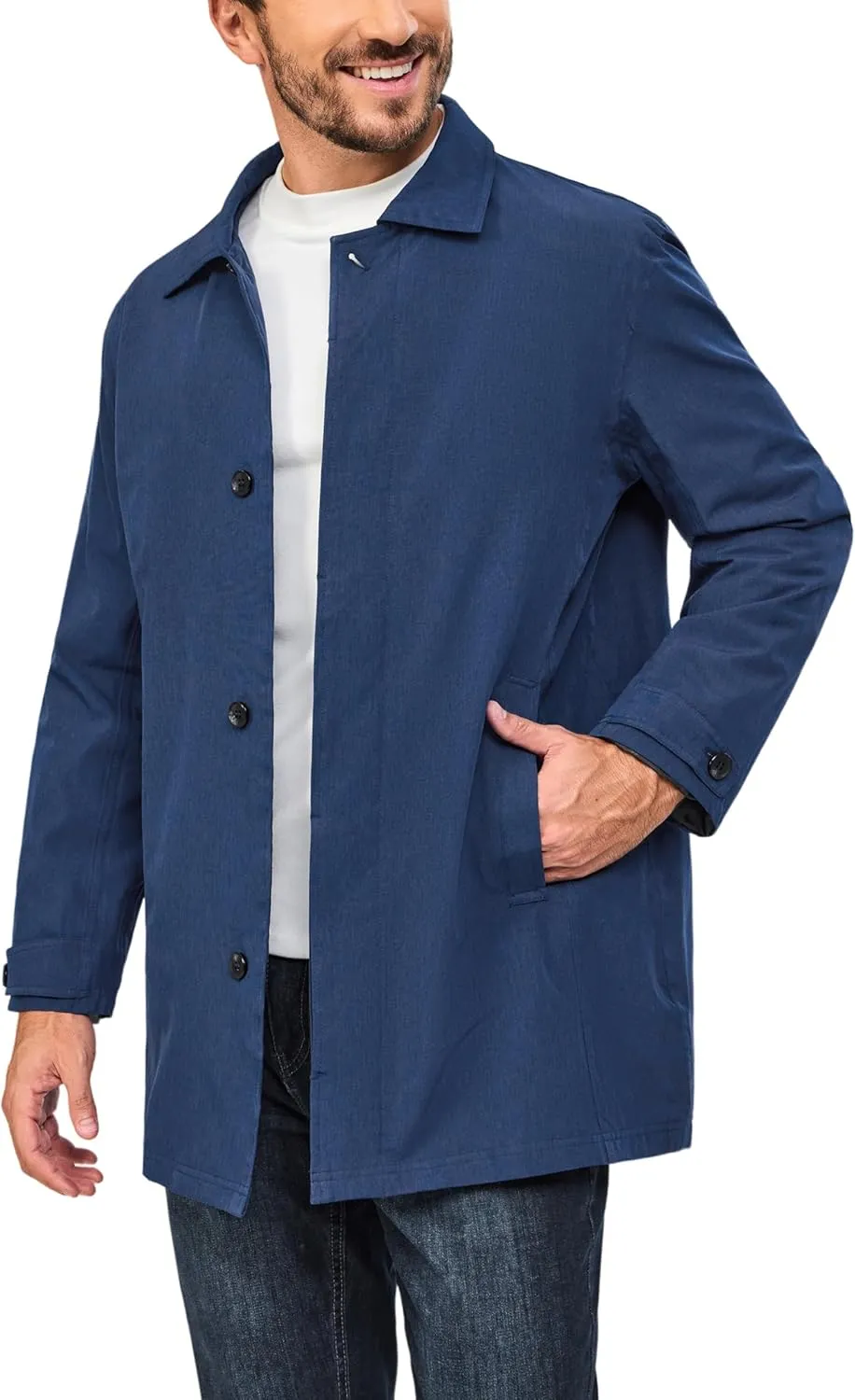 Little Donkey Andy Men's Waterproof Mid-Length Trench Coat, Lightweight Long Rain Coat, Single Breasted Overcoat