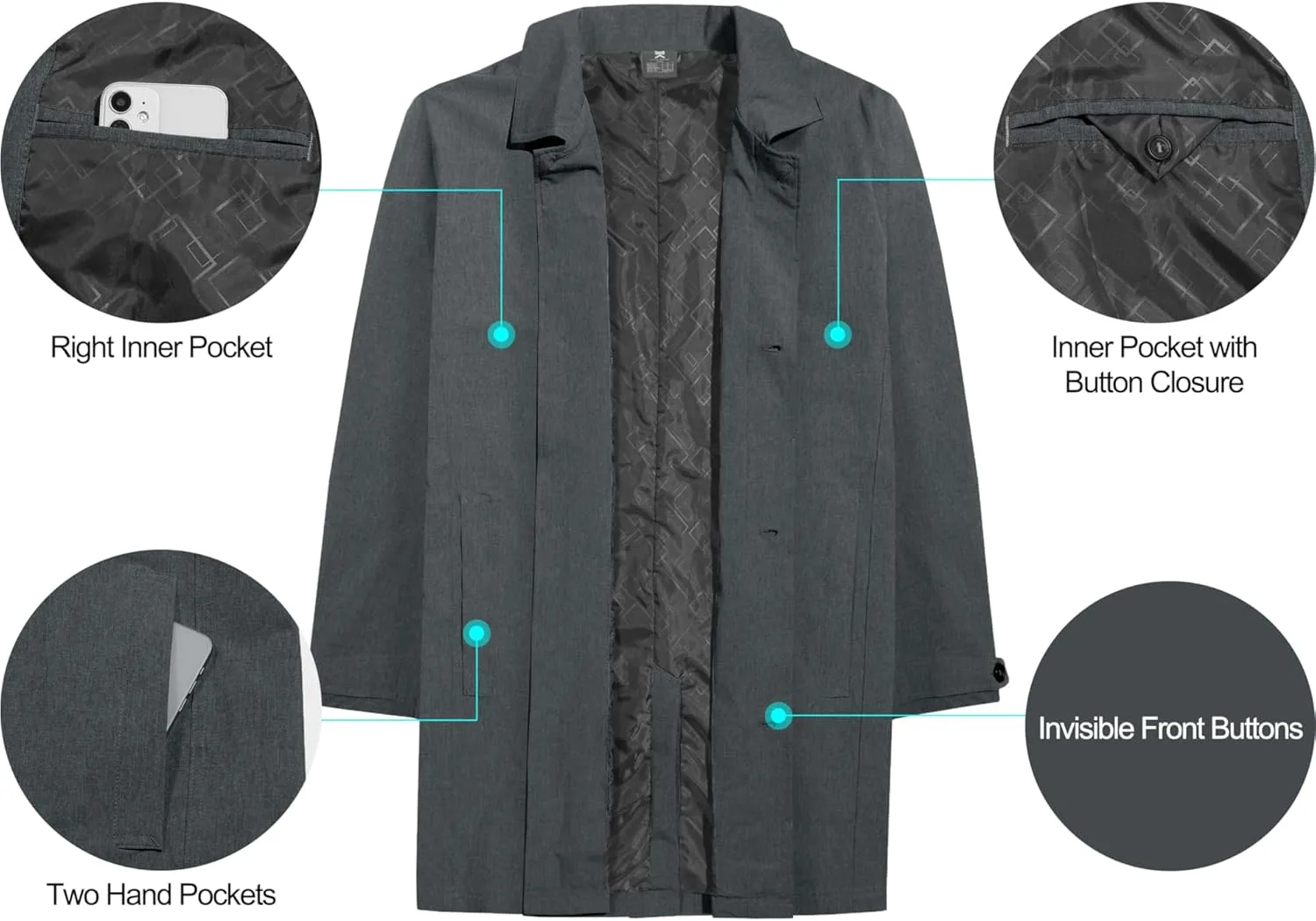 Little Donkey Andy Men's Waterproof Mid-Length Trench Coat, Lightweight Long Rain Coat, Single Breasted Overcoat