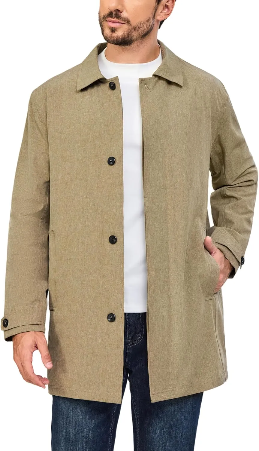 Little Donkey Andy Men's Waterproof Mid-Length Trench Coat, Lightweight Long Rain Coat, Single Breasted Overcoat