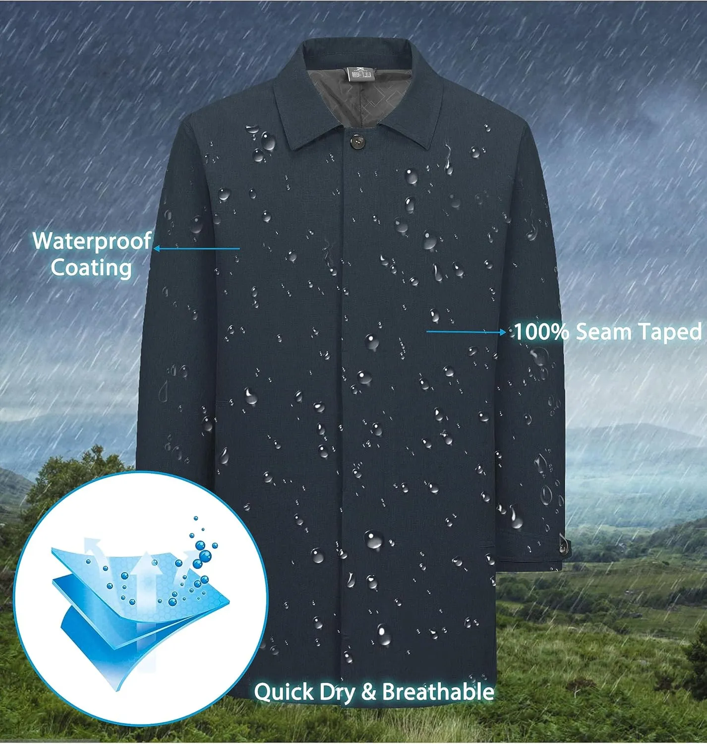 Little Donkey Andy Men's Waterproof Mid-Length Trench Coat, Lightweight Long Rain Coat, Single Breasted Overcoat
