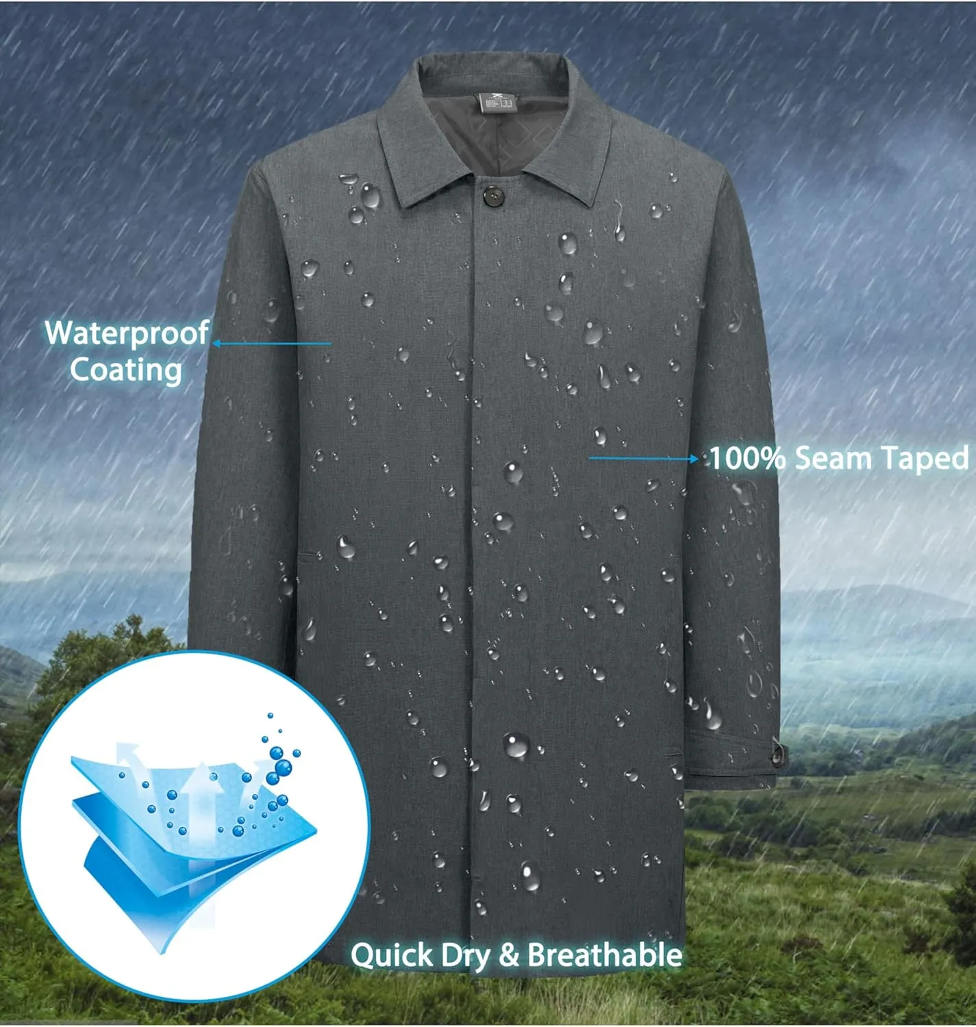 Little Donkey Andy Men's Waterproof Mid-Length Trench Coat, Lightweight Long Rain Coat, Single Breasted Overcoat