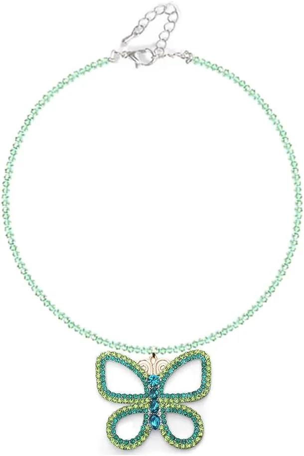 LIU JUN Butterfly Necklace For Women, Butterfly Choker Necklace Sparkly Green Butterfly Pendant Green Beaded Chain Necklaces For Women Elegant Costume Jewelry Gifts