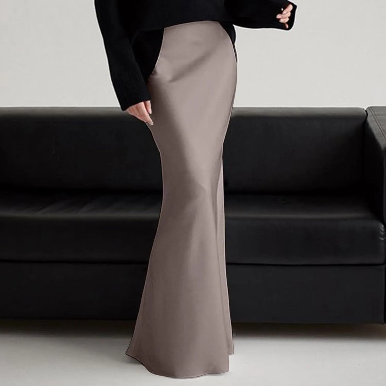 Long Pencil Skirts for Women Spring Silk Satin Maxi Skirt Strenchy Elegant Bodycon Fishtail Skirts for Cocktail Party Holiday