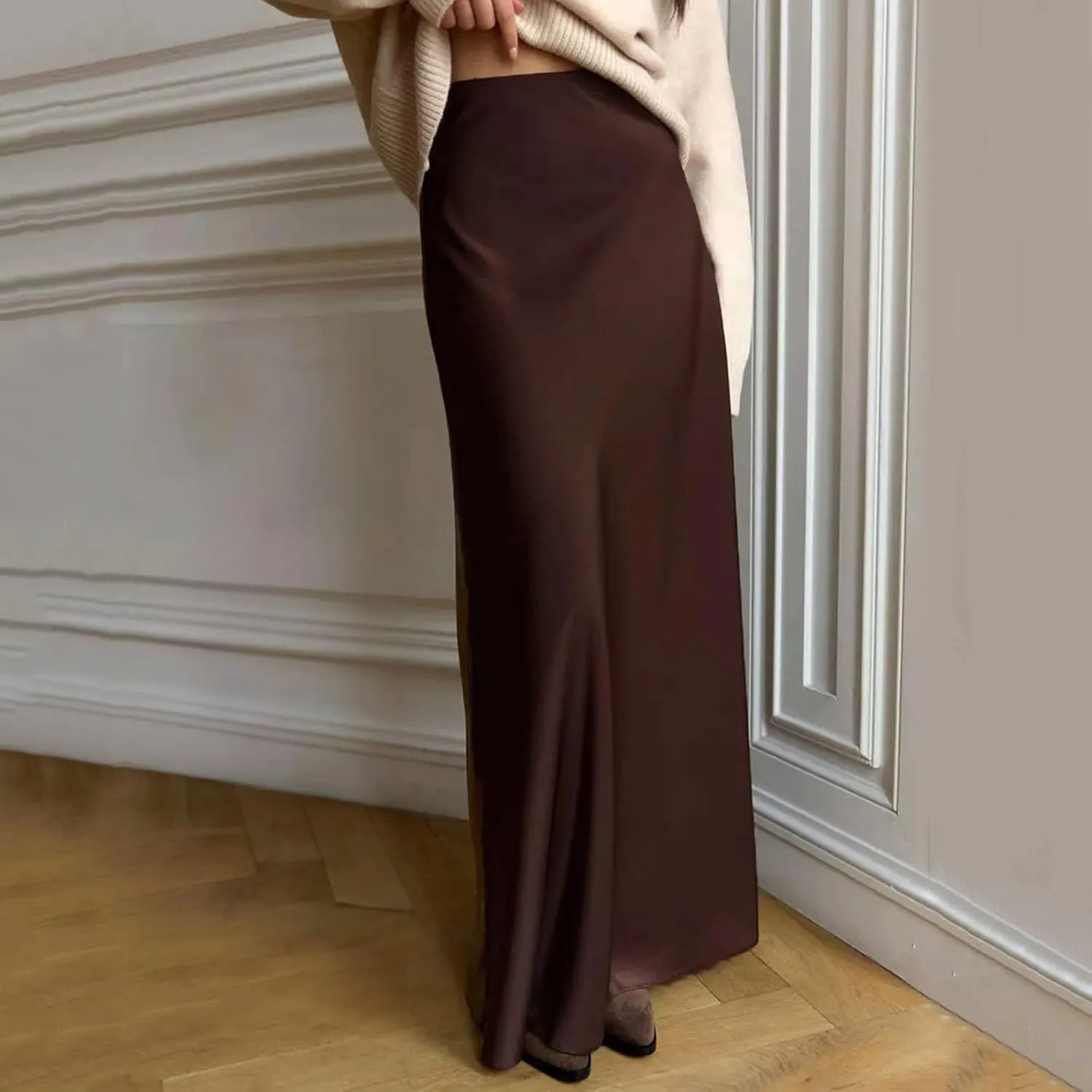 Long Pencil Skirts for Women Spring Silk Satin Maxi Skirt Strenchy Elegant Bodycon Fishtail Skirts for Cocktail Party Holiday