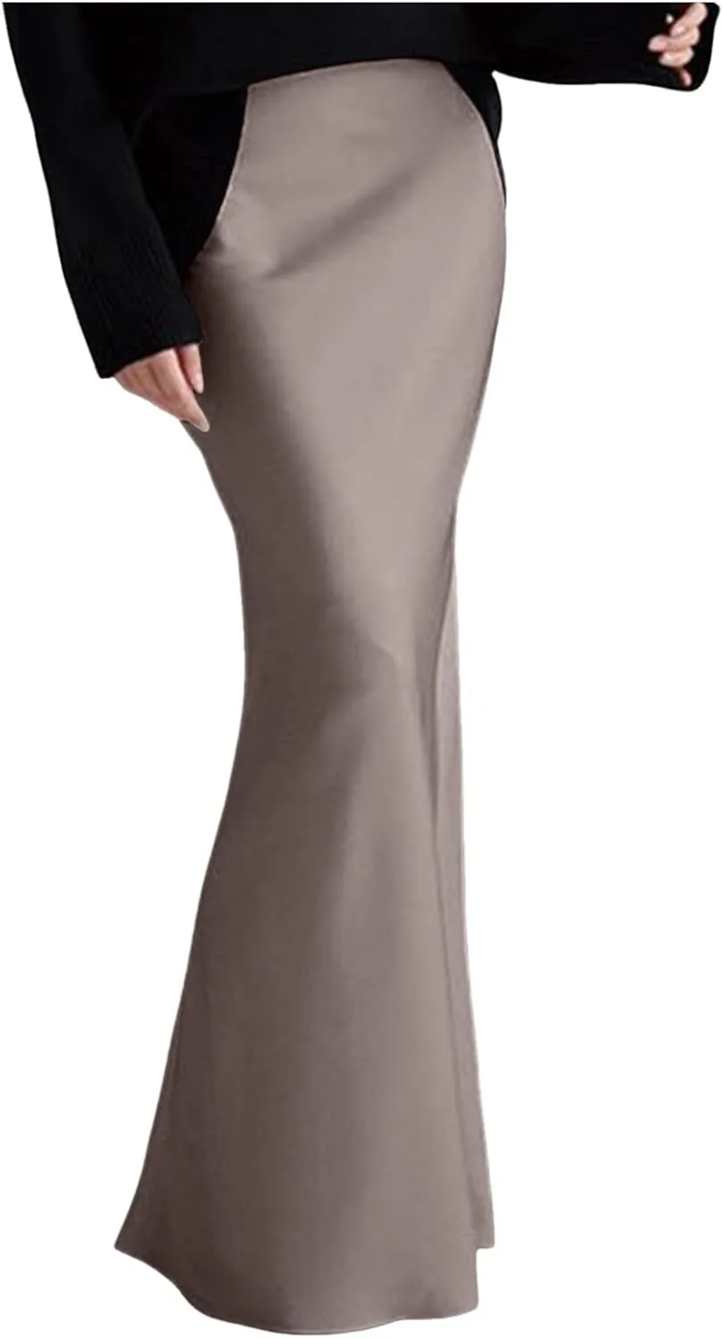 Long Pencil Skirts for Women Spring Silk Satin Maxi Skirt Strenchy Elegant Bodycon Fishtail Skirts for Cocktail Party Holiday