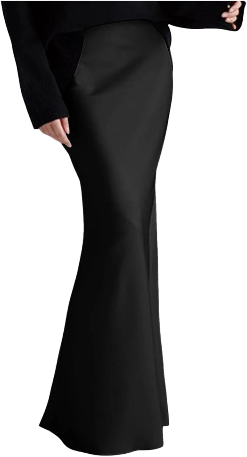Long Pencil Skirts for Women Spring Silk Satin Maxi Skirt Strenchy Elegant Bodycon Fishtail Skirts for Cocktail Party Holiday