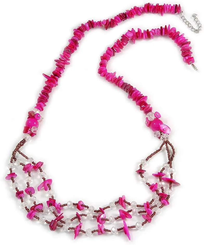 Long Stylish Shell and Glass Bead with Crystal Ring Necklace In Silver Tone (Deep Pink/Plum/Clear) - 84cm L/ 5cm Ext
