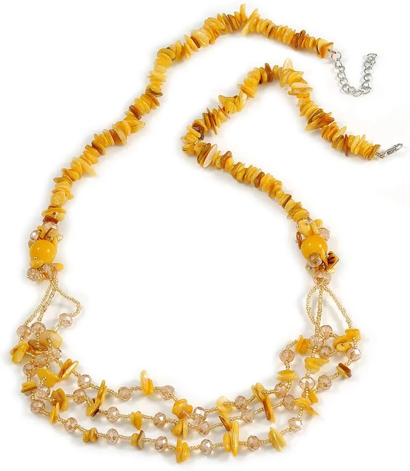 Long Stylish Shell and Glass Bead with Crystal Ring Necklace In Silver Tone (Mustard Yellow/Light Citrine) - 84cm L/ 5cm Ext