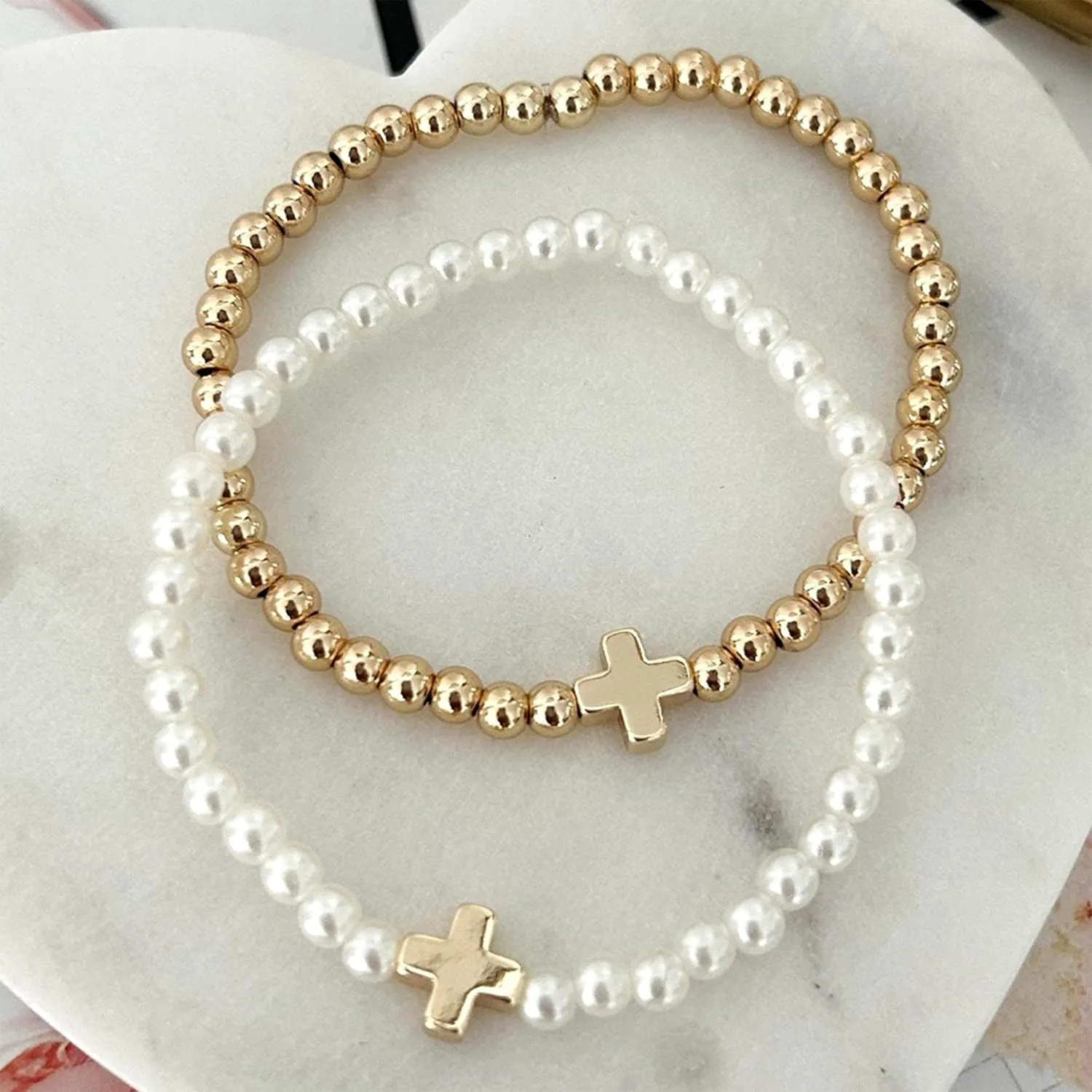 Long tiantian Gold Bracelets for Women Gold Beaded Bracelet Stack for Women Pearl Cross Bracelet for Women Trendy 2025
