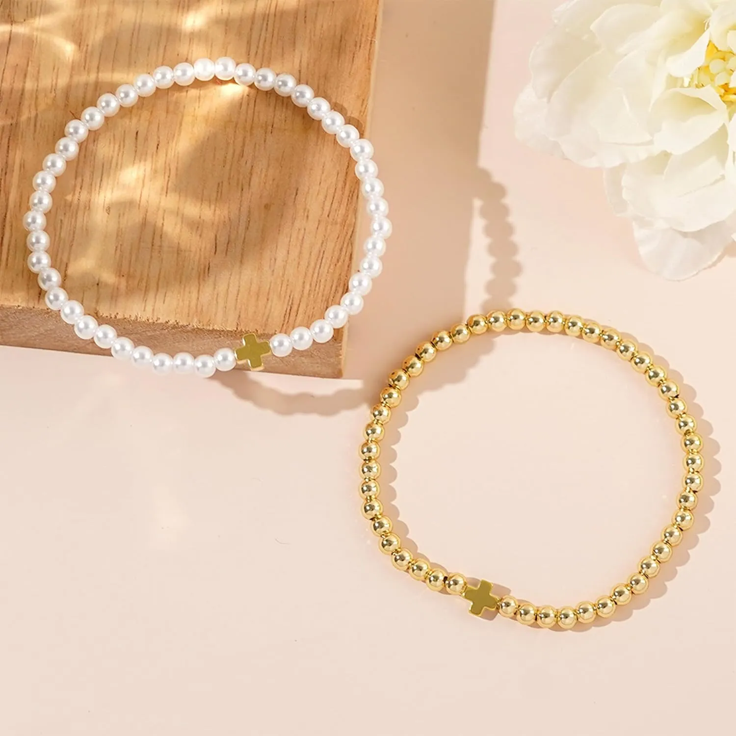 Long tiantian Gold Bracelets for Women Gold Beaded Bracelet Stack for Women Pearl Cross Bracelet for Women Trendy 2025
