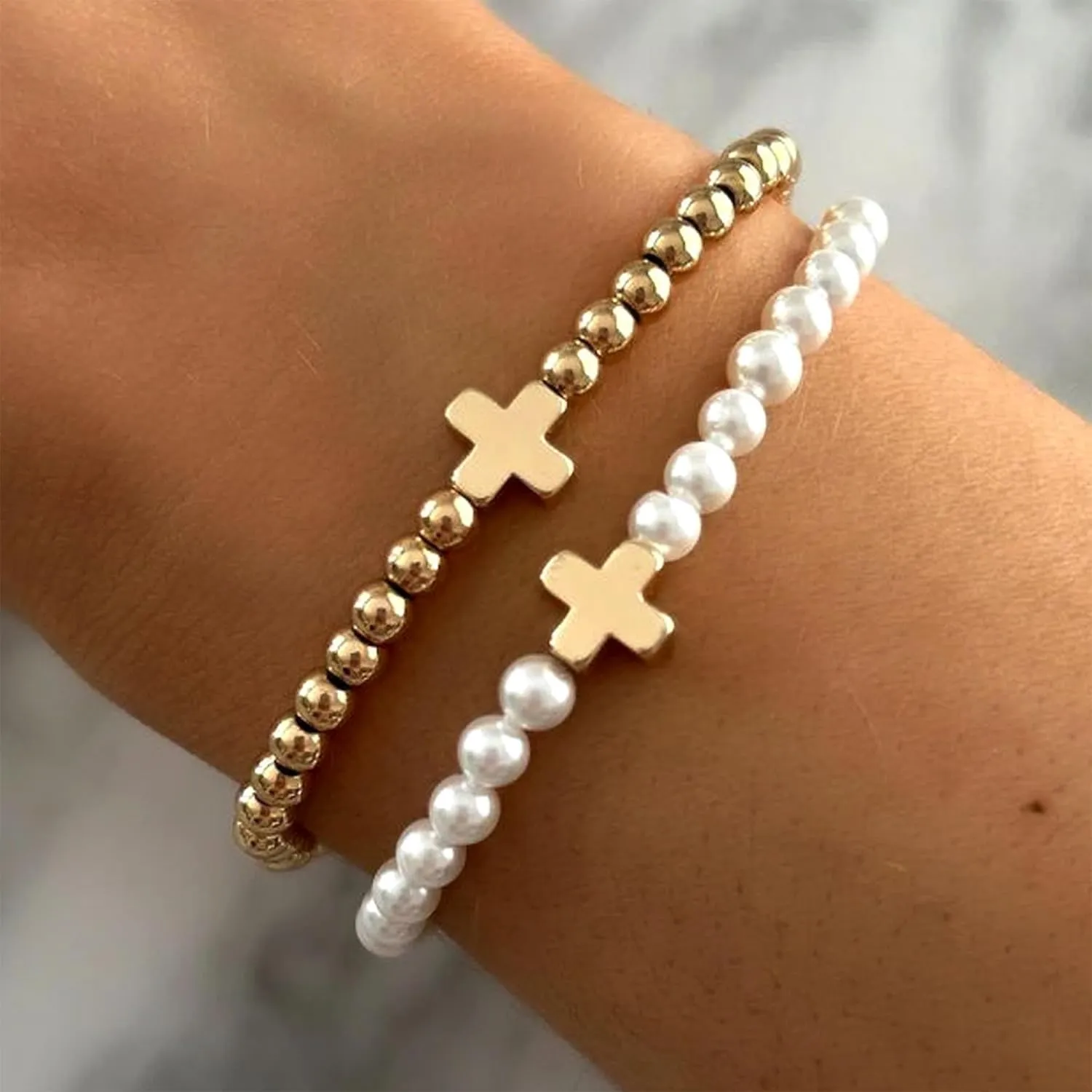 Long tiantian Gold Bracelets for Women Gold Beaded Bracelet Stack for Women Pearl Cross Bracelet for Women Trendy 2025