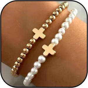 Long tiantian Gold Bracelets for Women Gold Beaded Bracelet Stack for Women Pearl Cross Bracelet for Women Trendy 2025