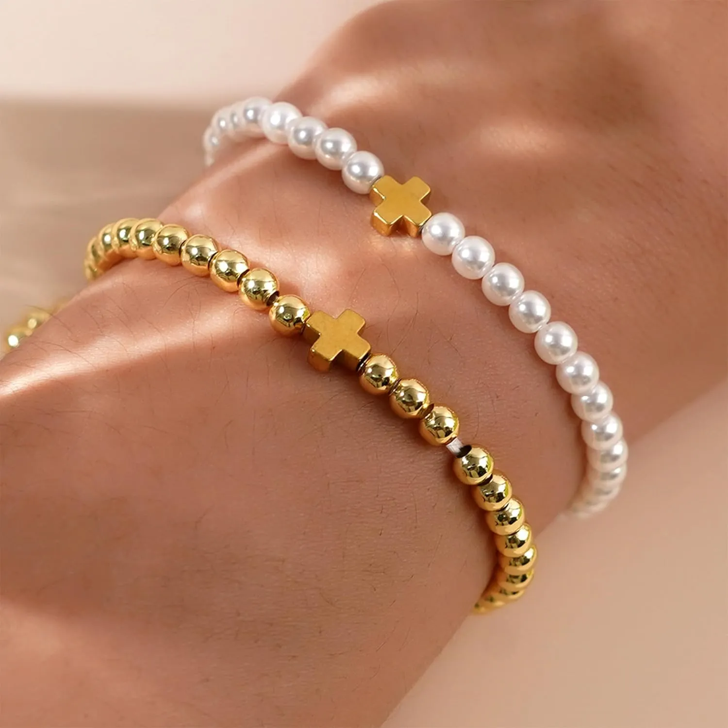 Long tiantian Gold Bracelets for Women Gold Beaded Bracelet Stack for Women Pearl Cross Bracelet for Women Trendy 2025