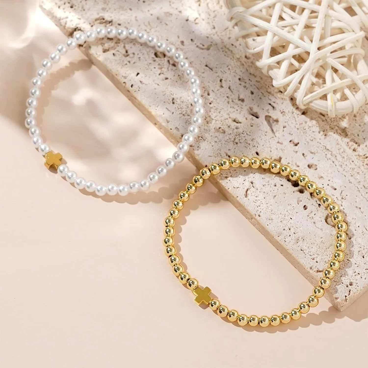 Long tiantian Gold Bracelets for Women Gold Beaded Bracelet Stack for Women Pearl Cross Bracelet for Women Trendy 2025