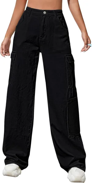 LONGBIDA Women's High Waisted Cargo Jeans Y2K Straight Wide Leg Baggy Jeans Loose Denim Cargo Pants Trousers
