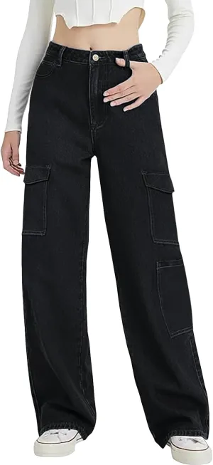 LONGYIDA High Waisted Baggy Jeans for Women Stretch Straight Y2K Wide Leg Denim Pants Casual Cargo Jeans