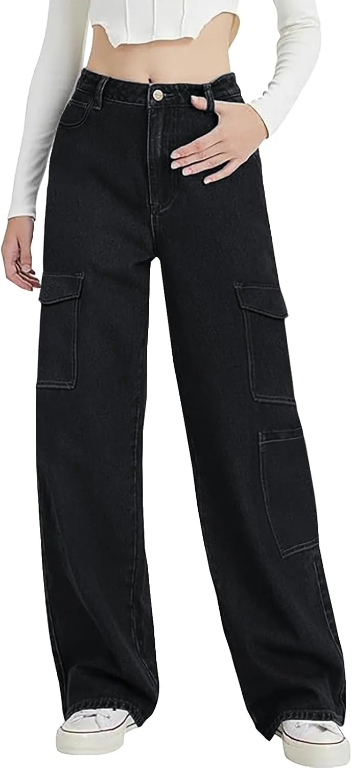 LONGYIDA High Waisted Baggy Jeans for Women Stretch Straight Y2K Wide Leg Denim Pants Casual Cargo Jeans