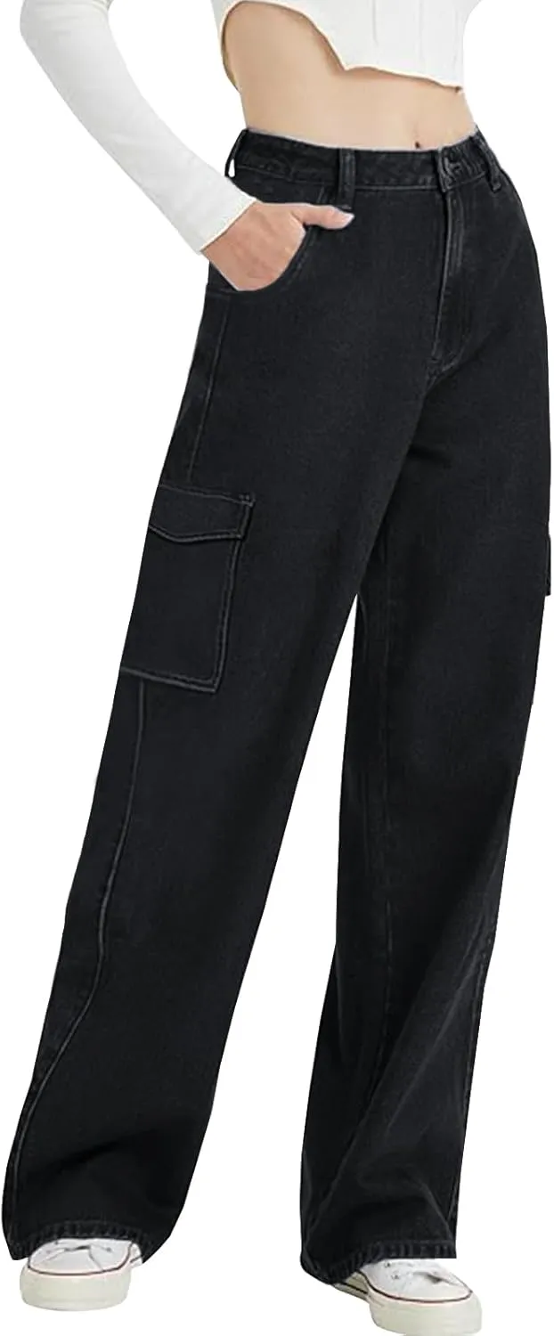 LONGYIDA High Waisted Baggy Jeans for Women Stretch Straight Y2K Wide Leg Denim Pants Casual Cargo Jeans
