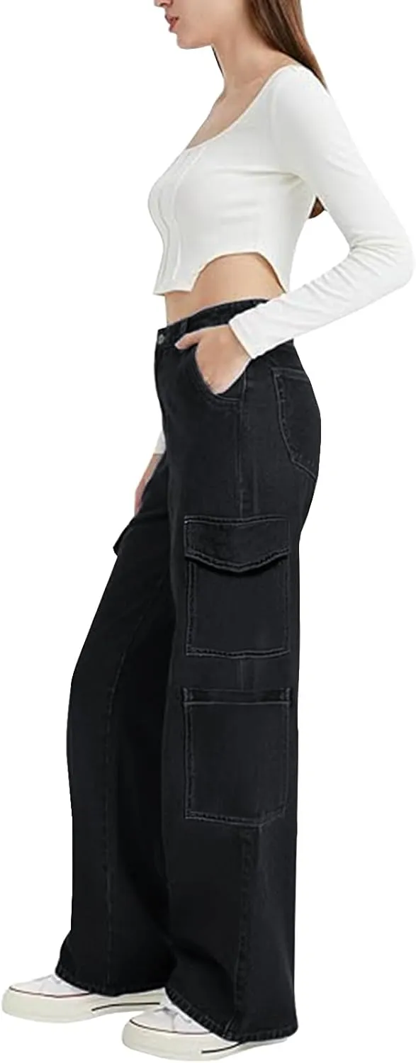 LONGYIDA High Waisted Baggy Jeans for Women Stretch Straight Y2K Wide Leg Denim Pants Casual Cargo Jeans