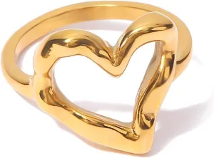 Loqimu Irregular Hammered Hollow Heart Rings Gold Stainless Steel Statement Rings for Women Minimalist Stackable Midi Rings Size 6 7 8 Wedding Finger Jewelry