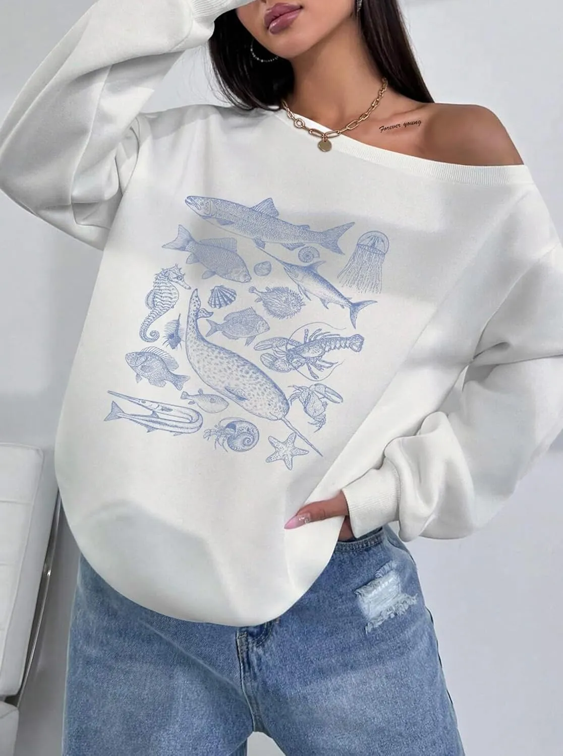 LovelyWholesale Women Off the Shoulder Sweatshirts Casual Long Sleeve Pullover
