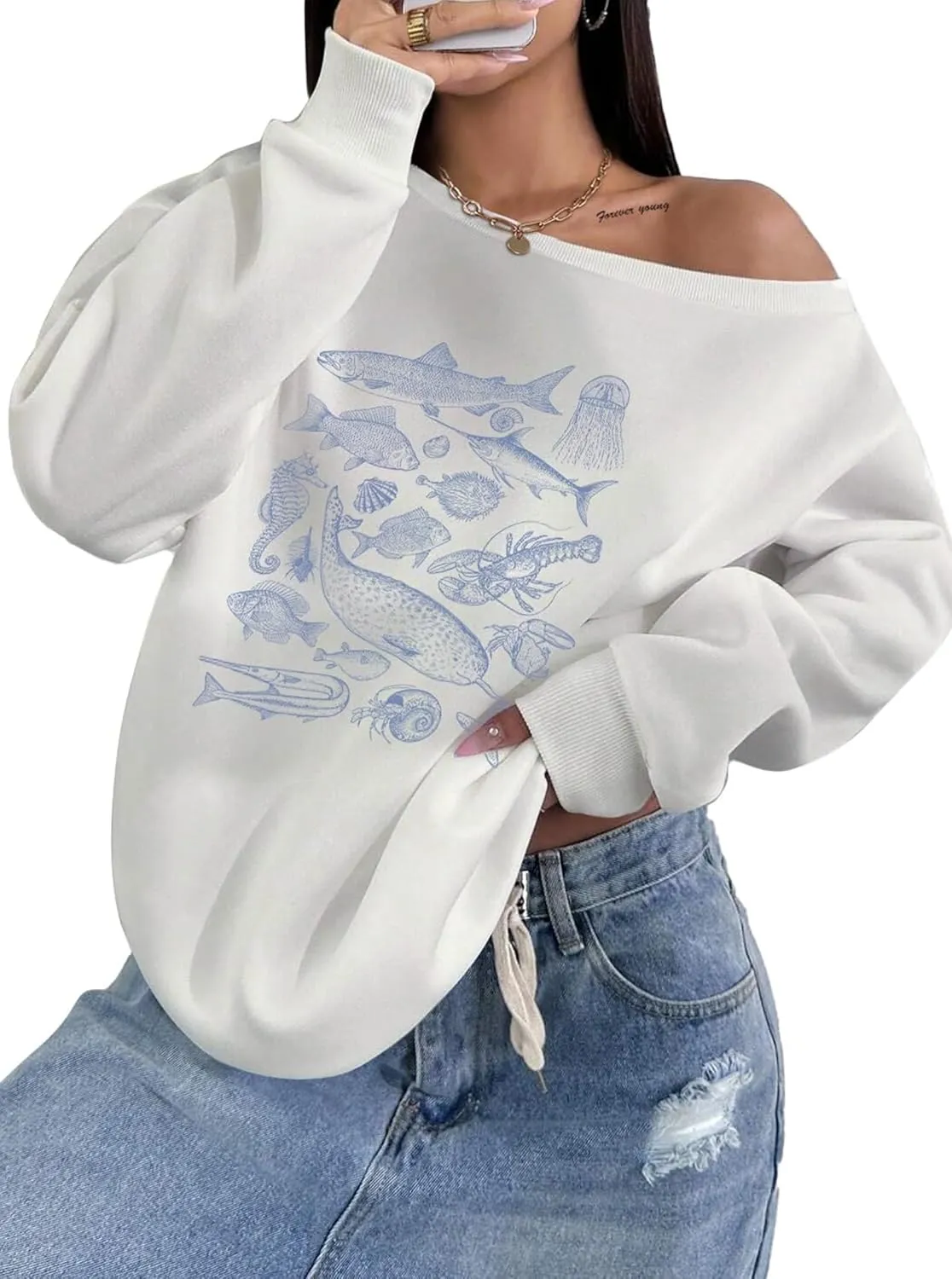 LovelyWholesale Women Off the Shoulder Sweatshirts Casual Long Sleeve Pullover