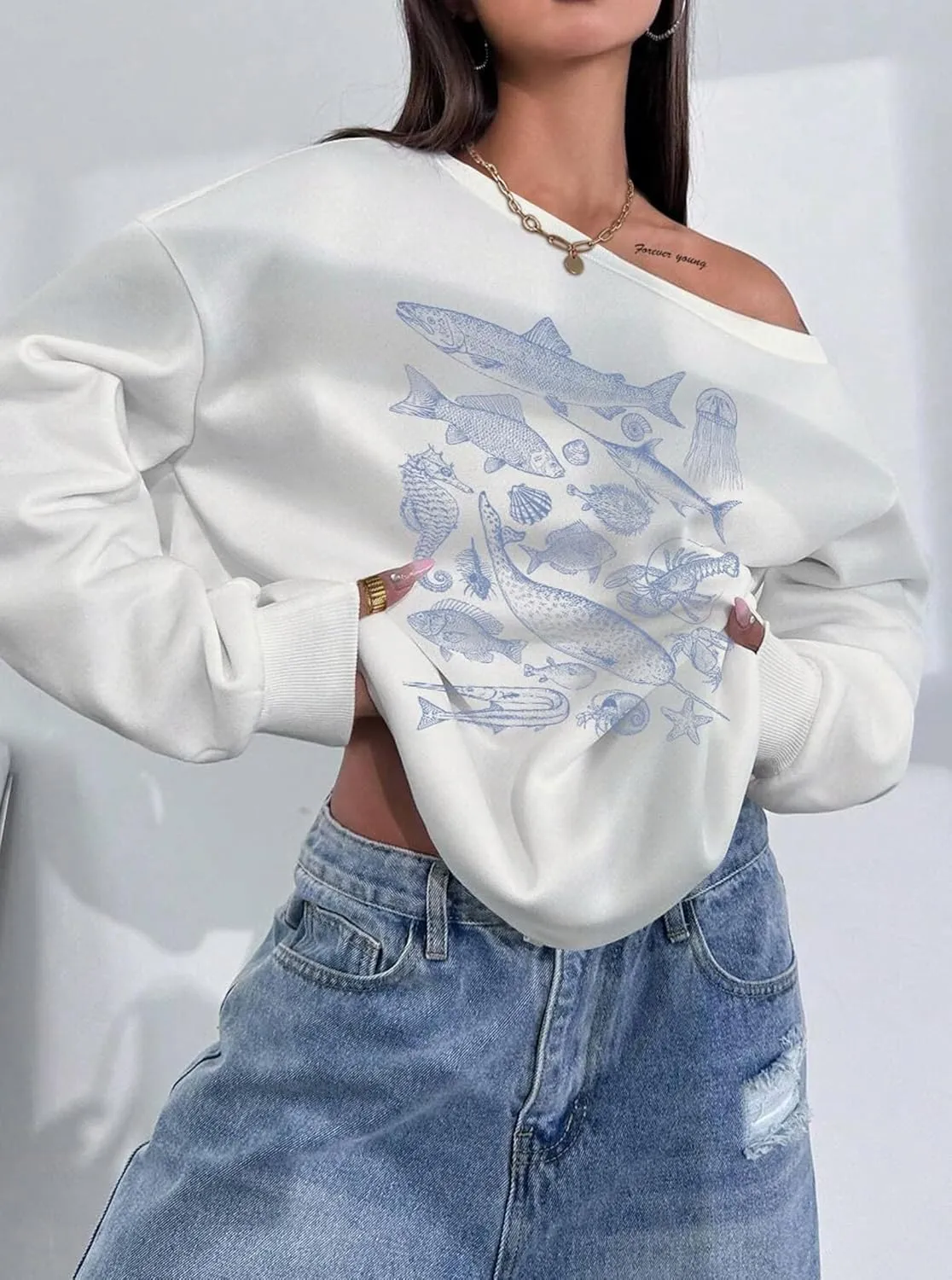 LovelyWholesale Women Off the Shoulder Sweatshirts Casual Long Sleeve Pullover